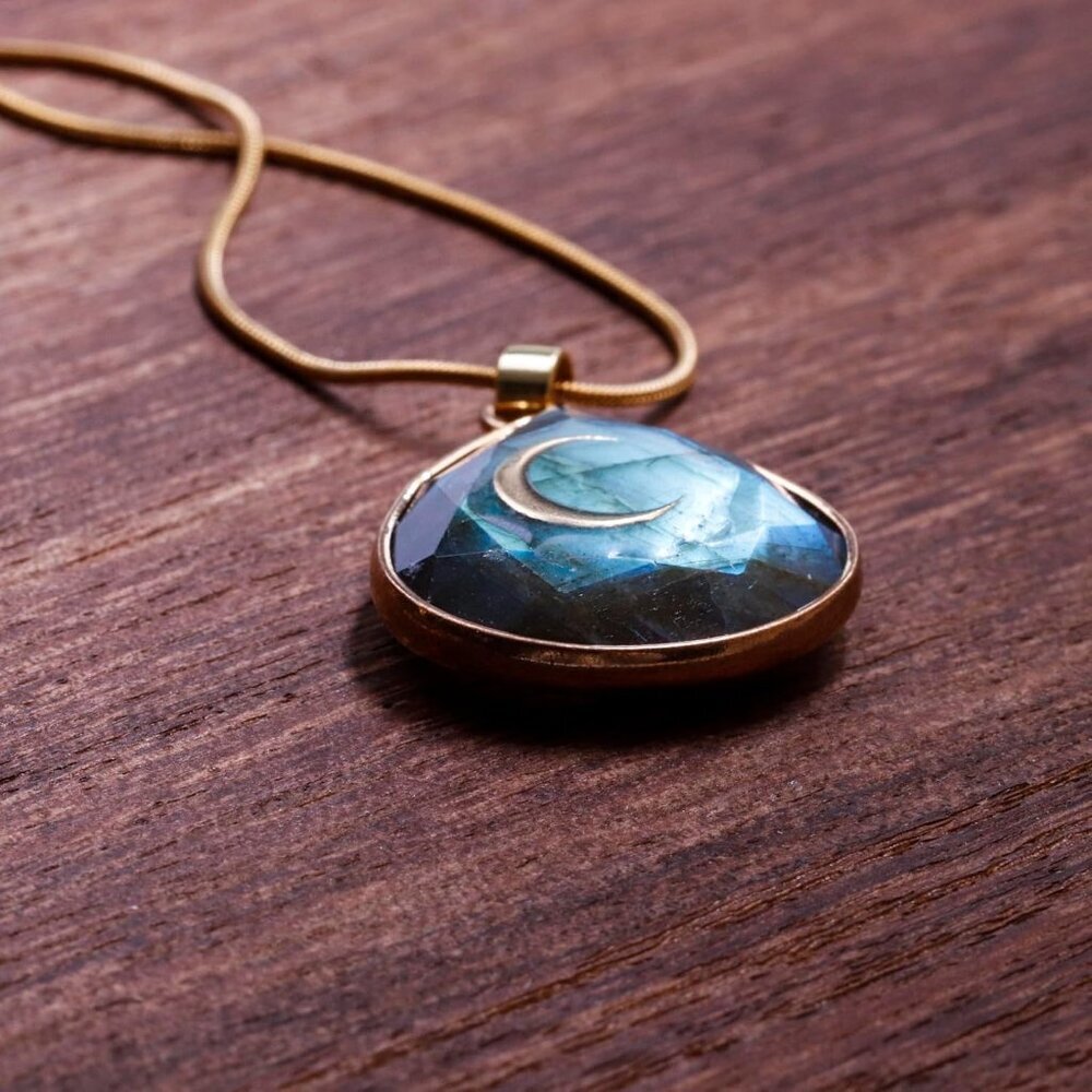 Gold Labradorite Crescent Moon Water Drop Pendant Necklace, Spiritual Jewelry - Picture 5 of 7